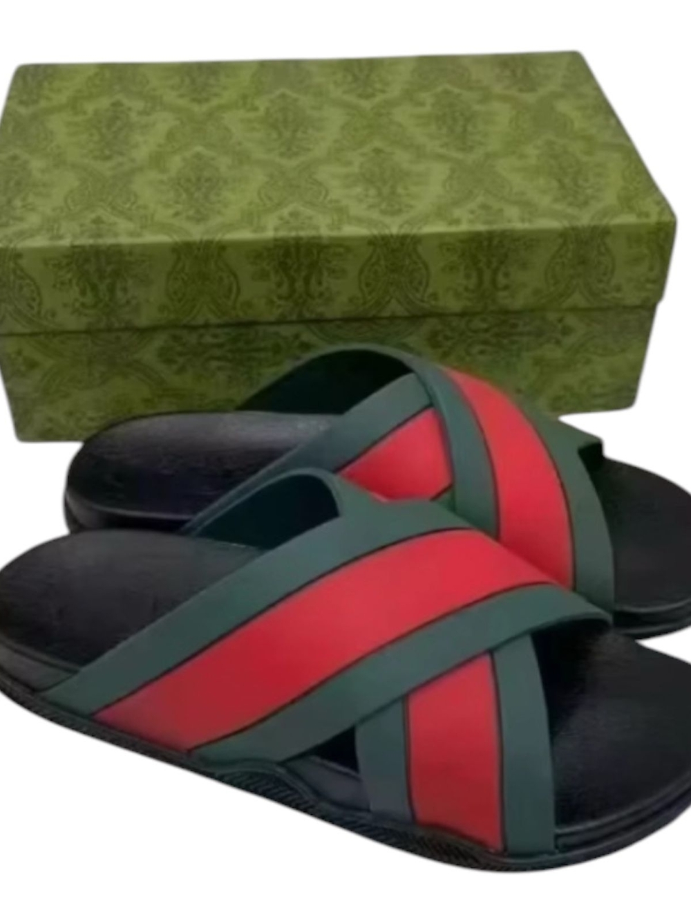 Designer-Inspired Men's Green and Red Cross-Strap Slides